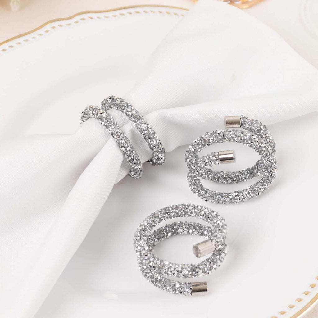 4 Pack Silver Rhinestone Swirl Napkin Rings, Sparkle Cloth Napkin Holders - Bell Racket Store