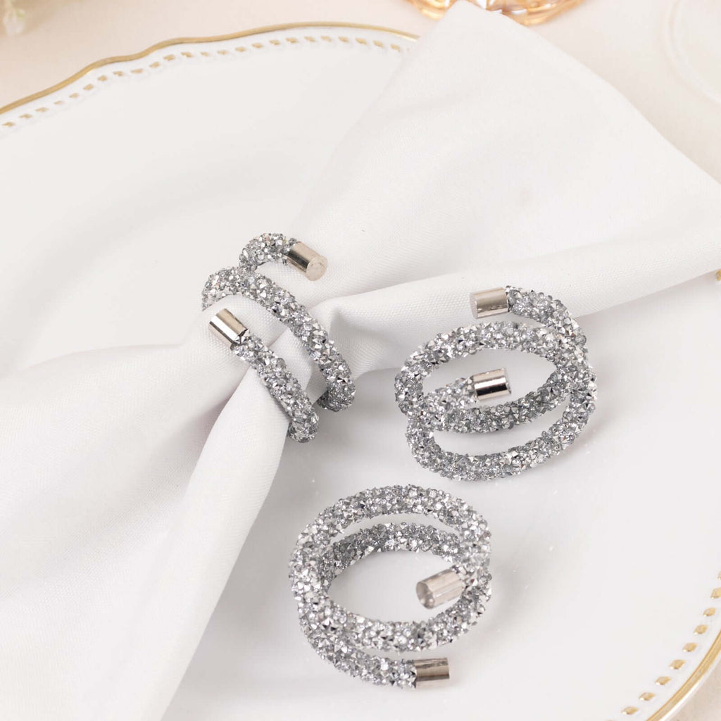4 Pack Silver Rhinestone Swirl Napkin Rings, Sparkle Cloth Napkin Holders - Bell Racket Store