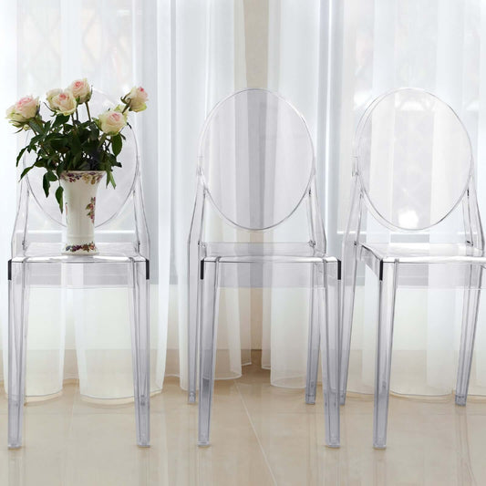4 Pack Stackable Clear Acrylic Ghost Banquet Chairs with Oval Back, Fully Assembled Armless Event Accent Chair - Bell Racket Store