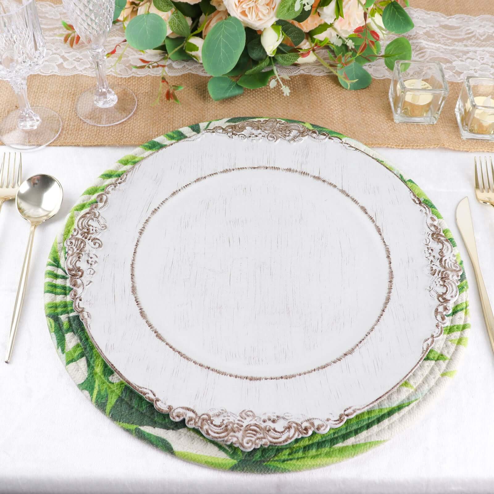 4 - Pack Table Placemats Tropical Leaf Design Green Cotton Round - Woven Indoor/Outdoor Dining Mats 15" - Bell Racket Store