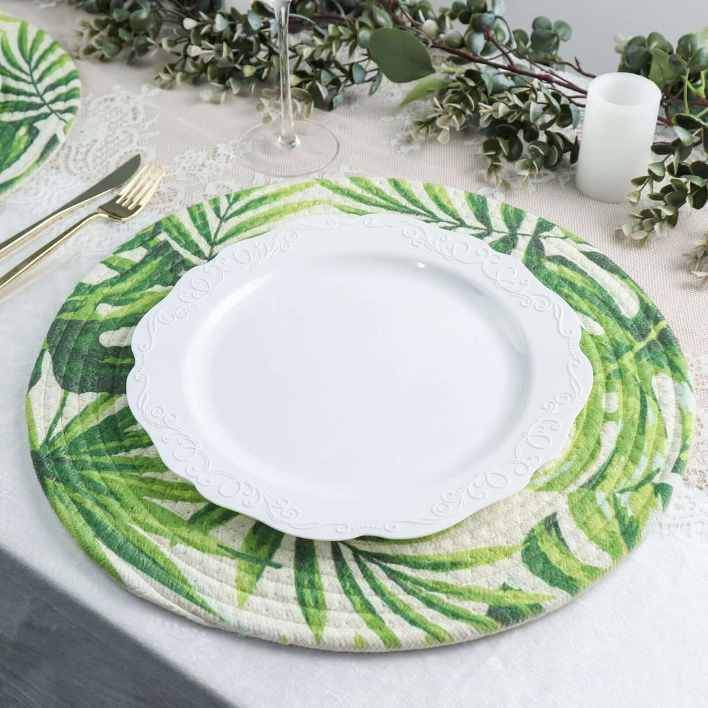 4 - Pack Table Placemats Tropical Leaf Design Green Cotton Round - Woven Indoor/Outdoor Dining Mats 15" - Bell Racket Store