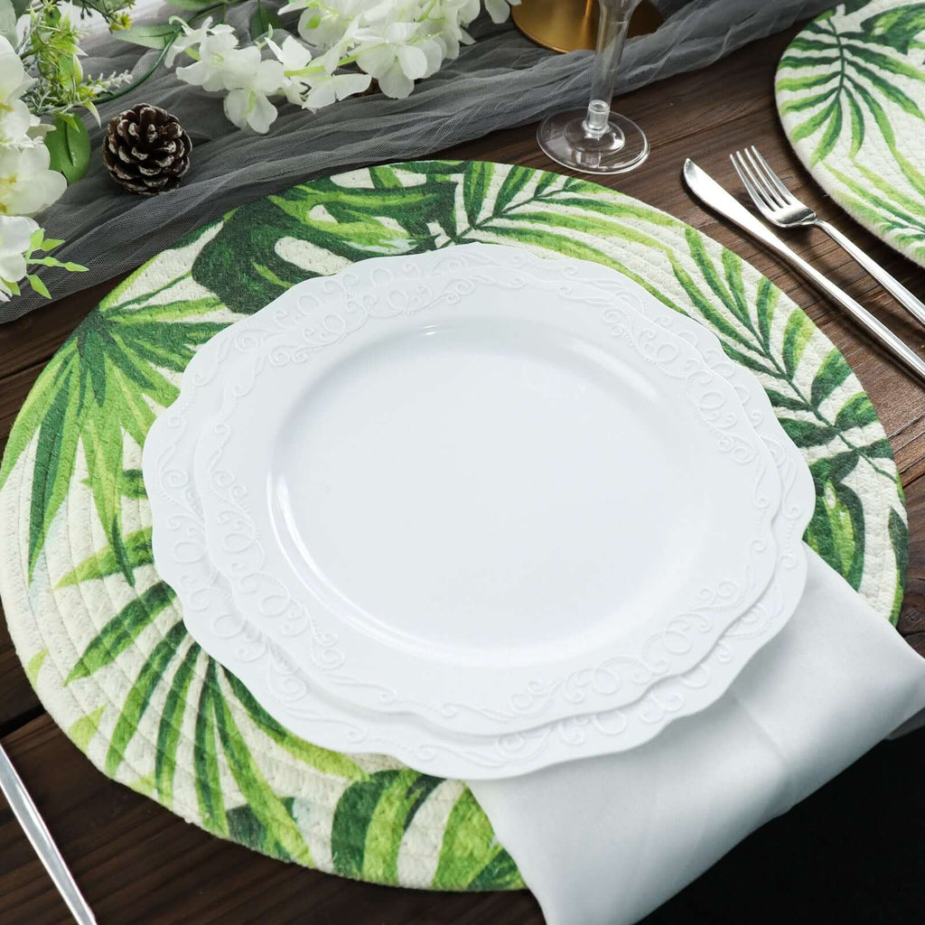 4 - Pack Table Placemats Tropical Leaf Design Green Cotton Round - Woven Indoor/Outdoor Dining Mats 15" - Bell Racket Store