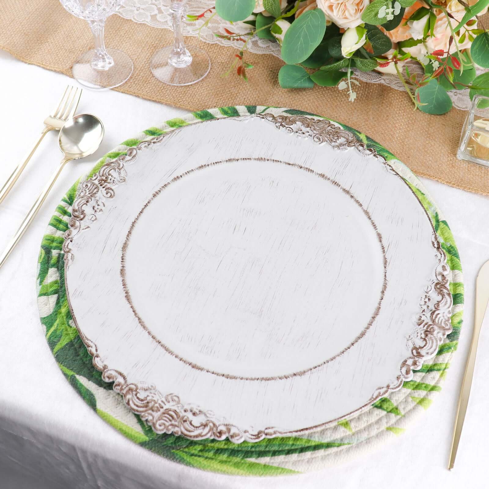 4 - Pack Table Placemats Tropical Leaf Design Green Cotton Round - Woven Indoor/Outdoor Dining Mats 15" - Bell Racket Store