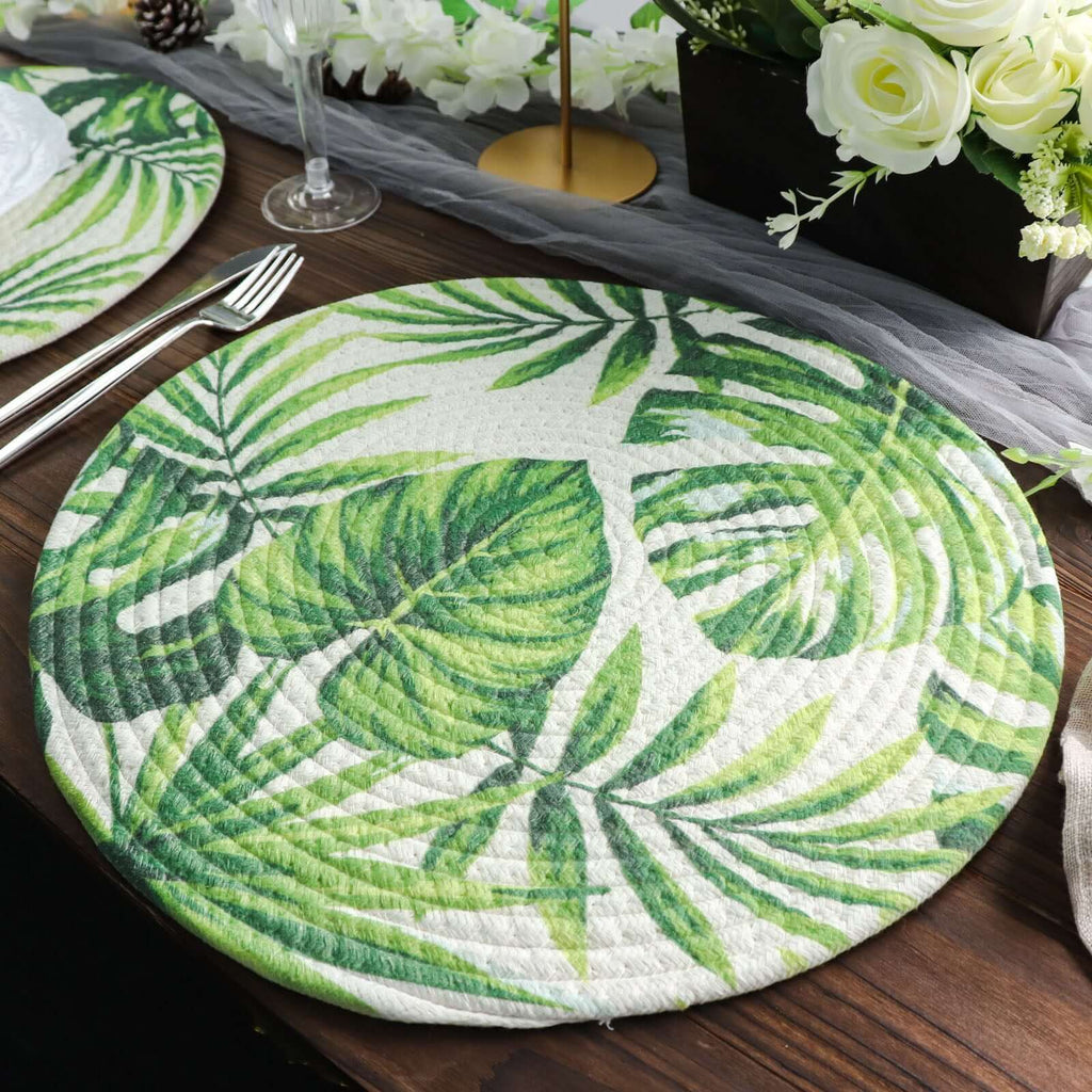 4 - Pack Table Placemats Tropical Leaf Design Green Cotton Round - Woven Indoor/Outdoor Dining Mats 15" - Bell Racket Store