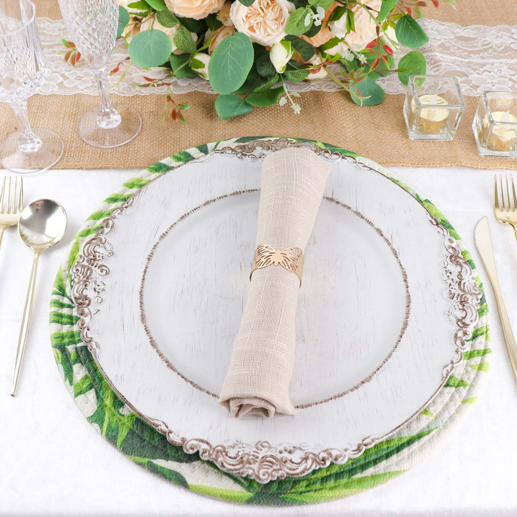 4 - Pack Table Placemats Tropical Leaf Design Green Cotton Round - Woven Indoor/Outdoor Dining Mats 15" - Bell Racket Store