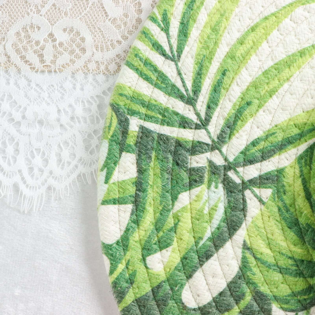 4 - Pack Table Placemats Tropical Leaf Design Green Cotton Round - Woven Indoor/Outdoor Dining Mats 15" - Bell Racket Store