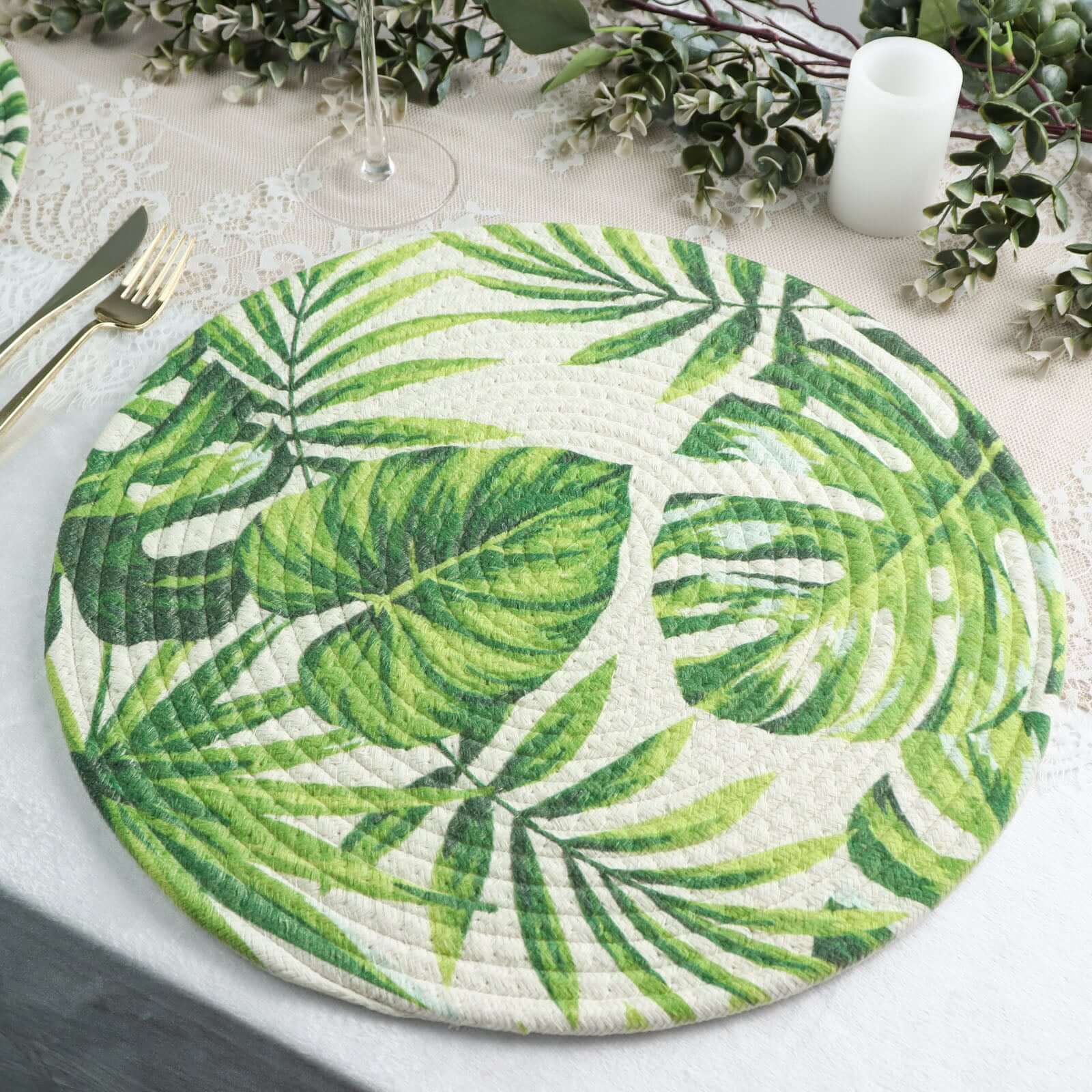 4 - Pack Table Placemats Tropical Leaf Design Green Cotton Round - Woven Indoor/Outdoor Dining Mats 15" - Bell Racket Store