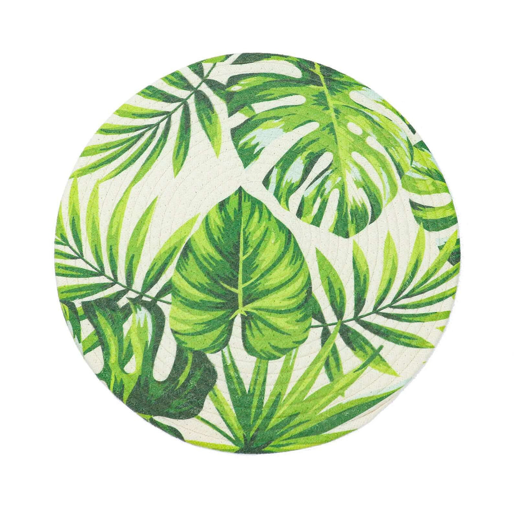4 - Pack Table Placemats Tropical Leaf Design Green Cotton Round - Woven Indoor/Outdoor Dining Mats 15" - Bell Racket Store