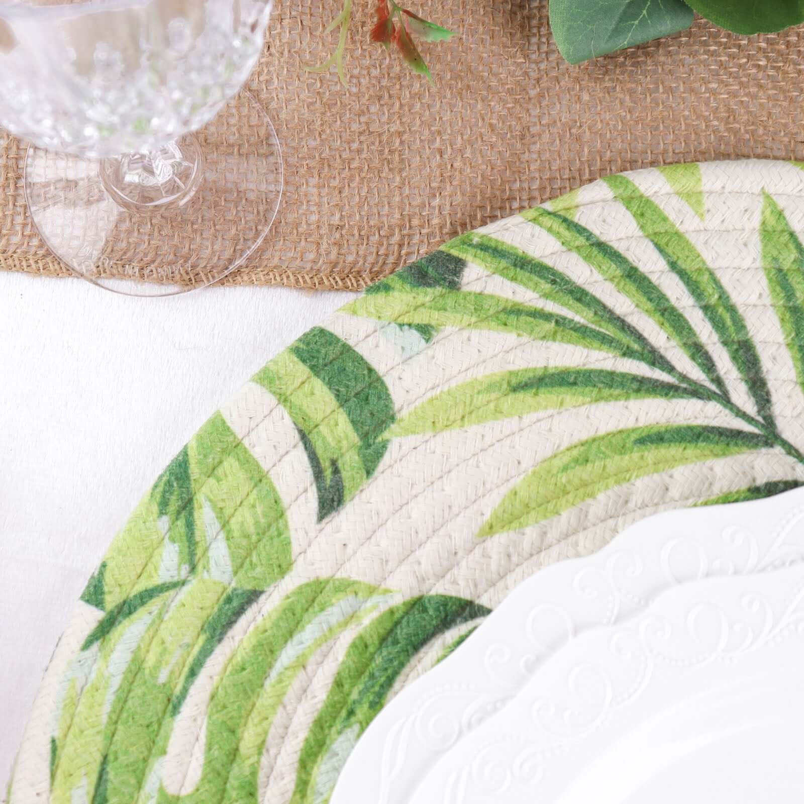 4 - Pack Table Placemats Tropical Leaf Design Green Cotton Round - Woven Indoor/Outdoor Dining Mats 15" - Bell Racket Store