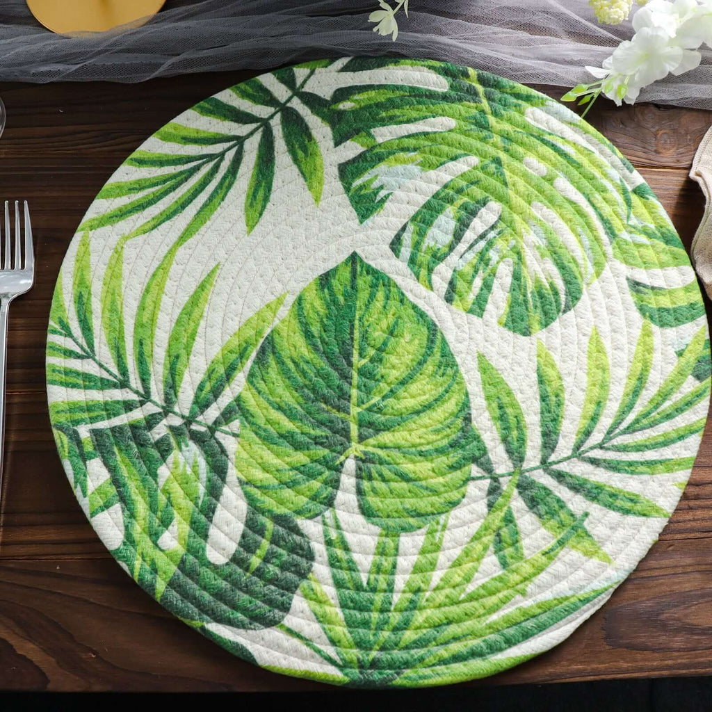 4 - Pack Table Placemats Tropical Leaf Design Green Cotton Round - Woven Indoor/Outdoor Dining Mats 15" - Bell Racket Store