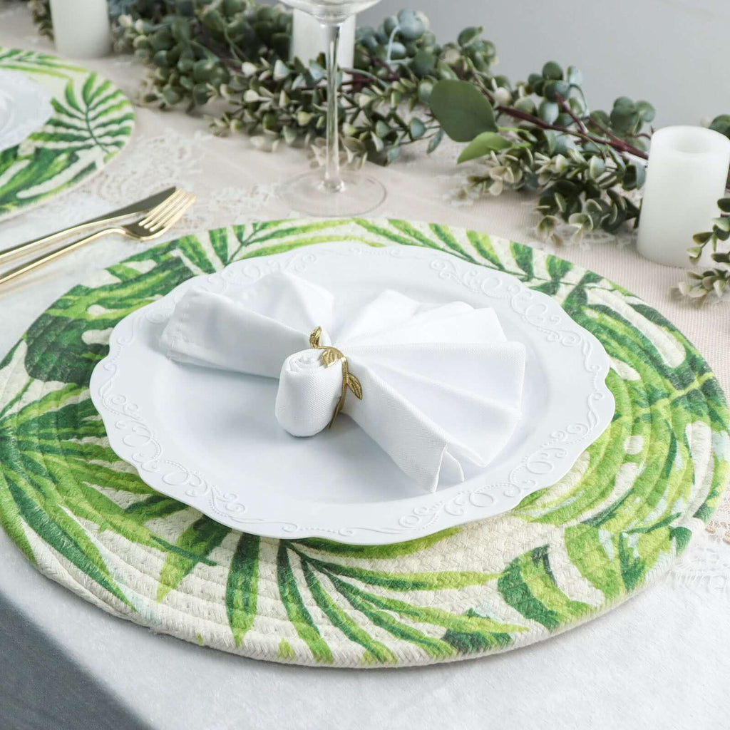 4 - Pack Table Placemats Tropical Leaf Design Green Cotton Round - Woven Indoor/Outdoor Dining Mats 15" - Bell Racket Store