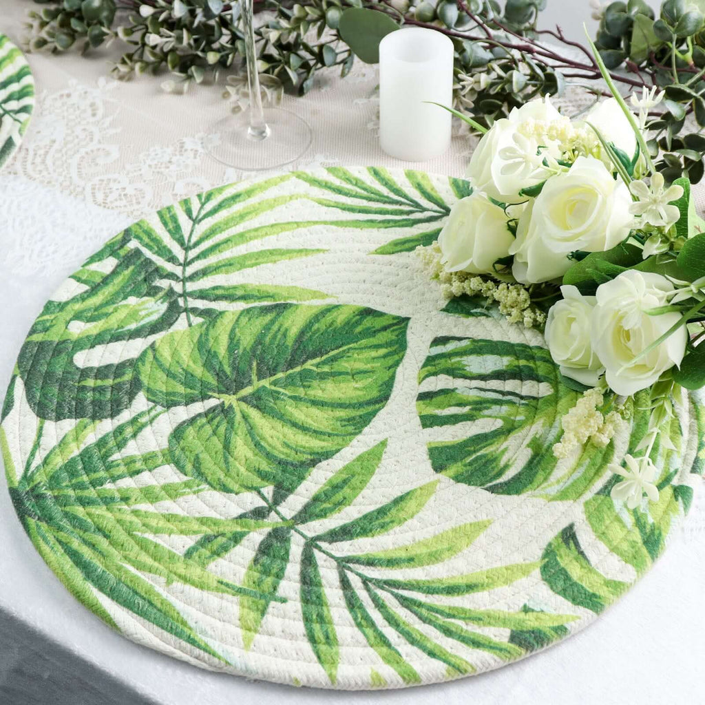 4 - Pack Table Placemats Tropical Leaf Design Green Cotton Round - Woven Indoor/Outdoor Dining Mats 15" - Bell Racket Store