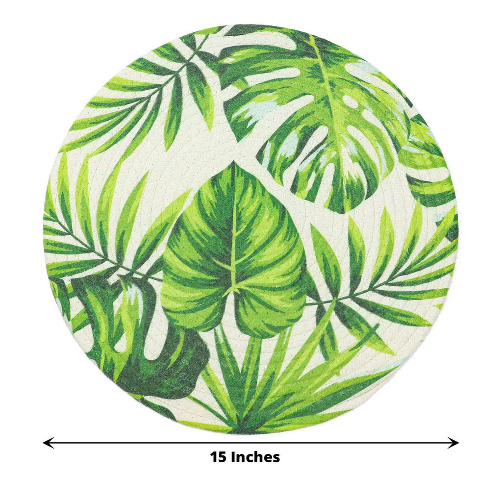 4 - Pack Table Placemats Tropical Leaf Design Green Cotton Round - Woven Indoor/Outdoor Dining Mats 15" - Bell Racket Store