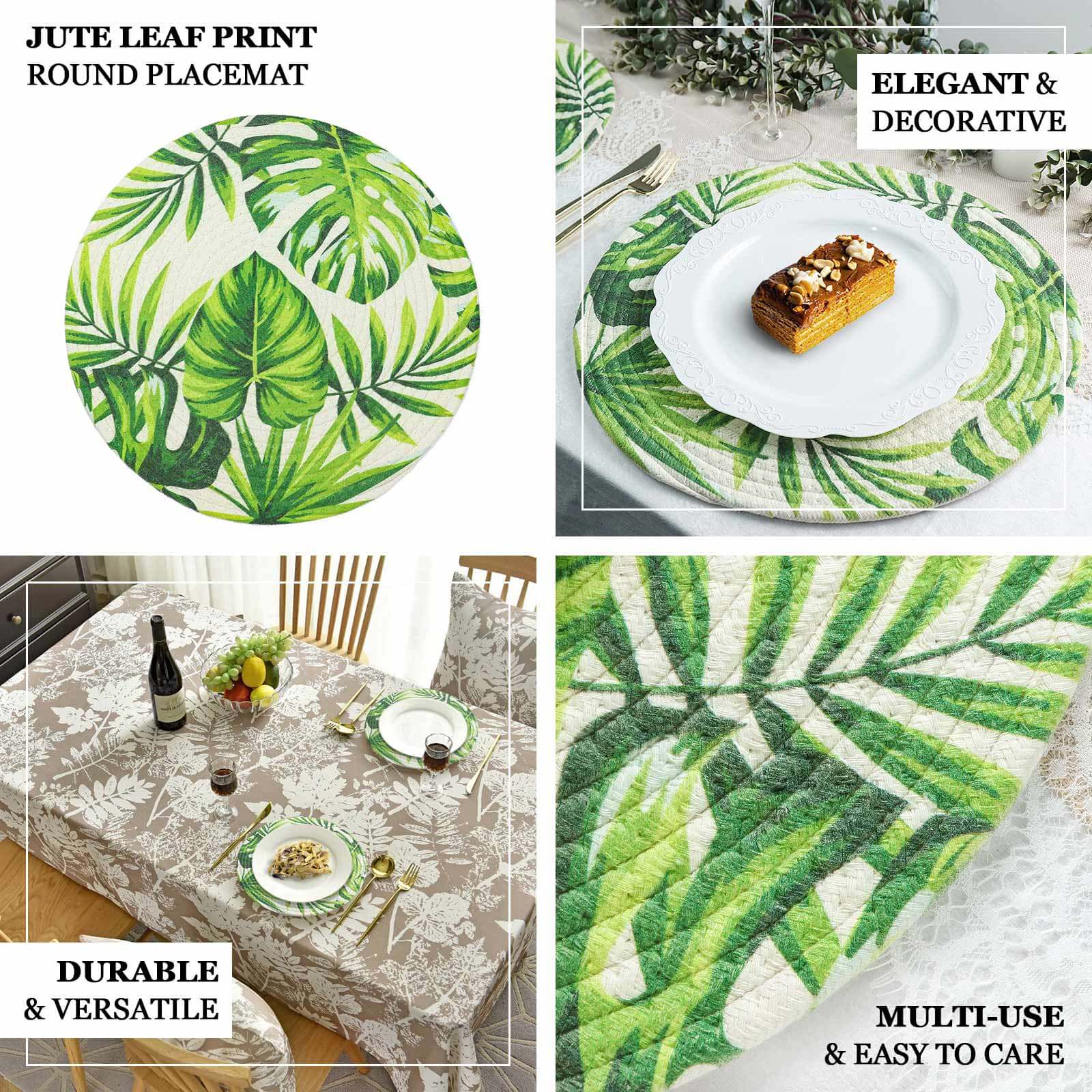 4 - Pack Table Placemats Tropical Leaf Design Green Cotton Round - Woven Indoor/Outdoor Dining Mats 15" - Bell Racket Store