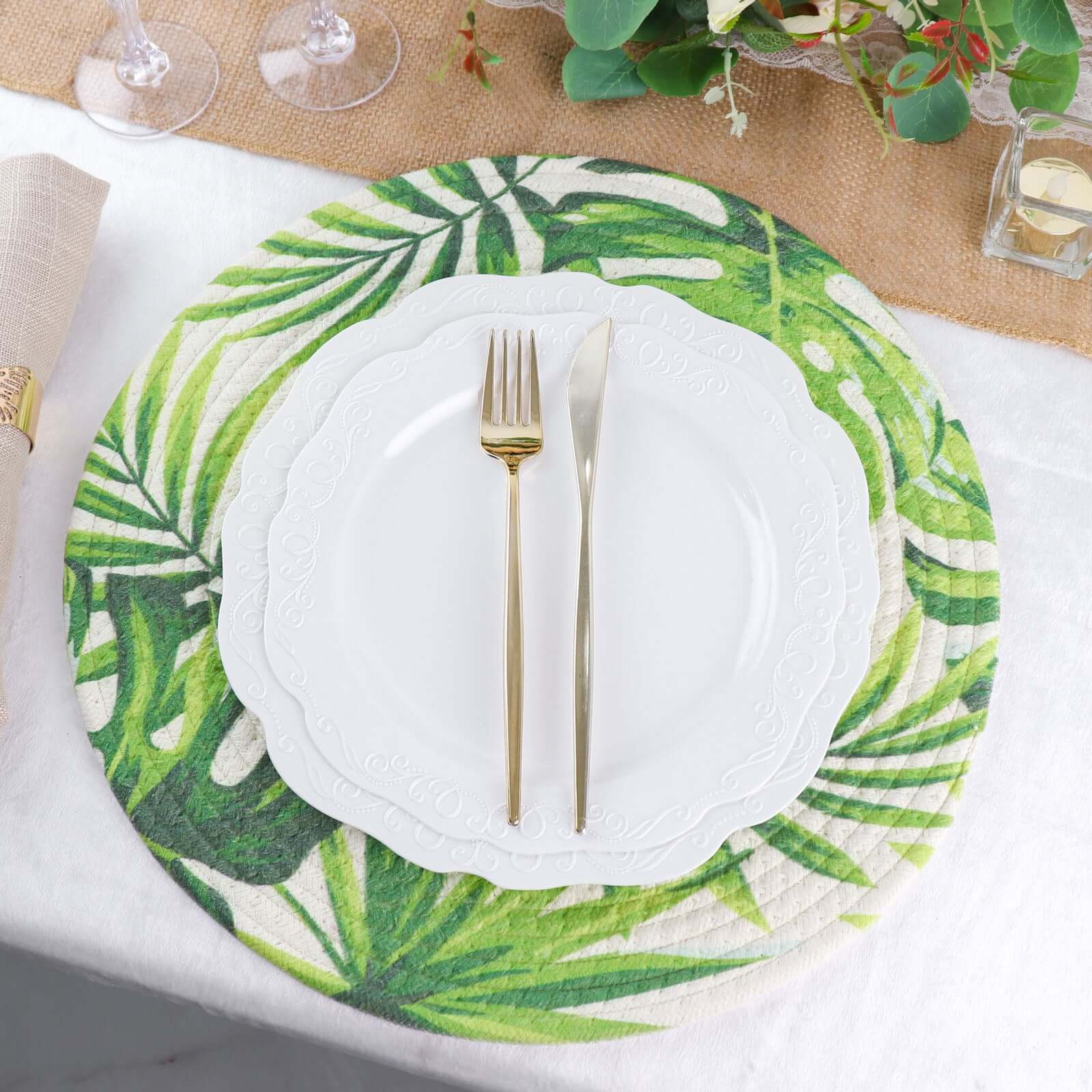 4 - Pack Table Placemats Tropical Leaf Design Green Cotton Round - Woven Indoor/Outdoor Dining Mats 15" - Bell Racket Store