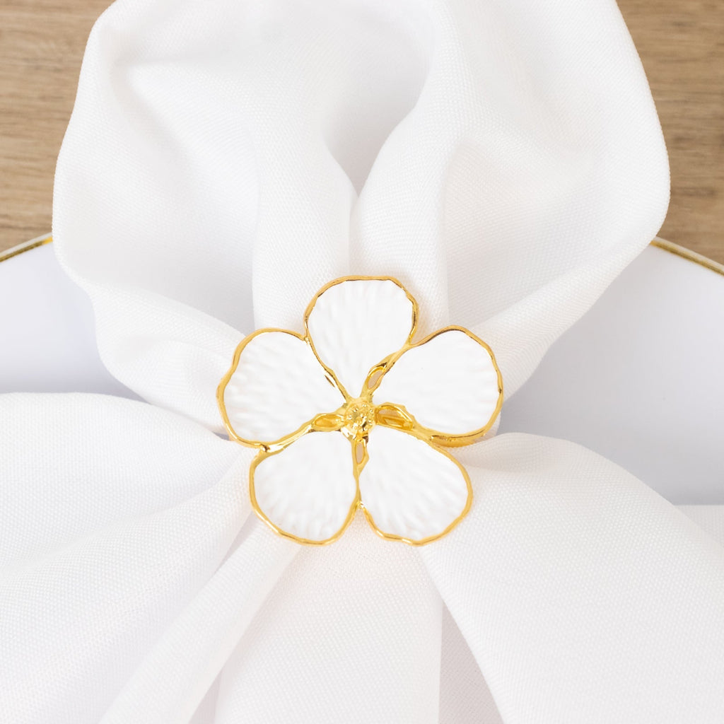 4 Pack White and Gold Metal Flower Napkin Rings, Floral Serviette Buckle Napkin Holder Set - Plum Blossom Design - Bell Racket Store