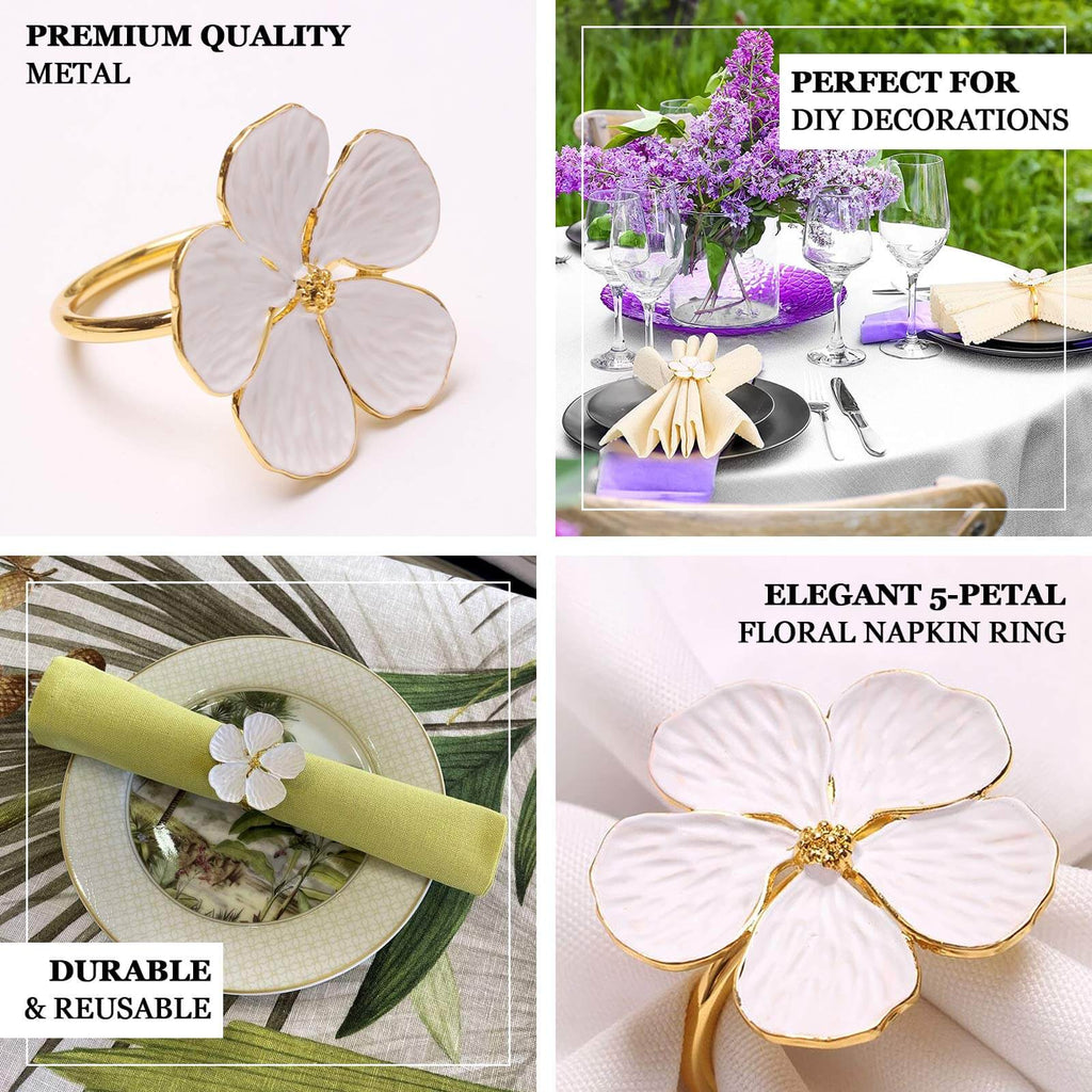 4 Pack White and Gold Metal Flower Napkin Rings, Floral Serviette Buckle Napkin Holder Set - Plum Blossom Design - Bell Racket Store