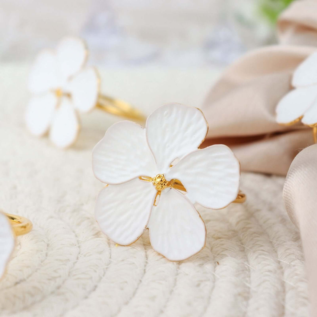 4 Pack White and Gold Metal Flower Napkin Rings, Floral Serviette Buckle Napkin Holder Set - Plum Blossom Design - Bell Racket Store