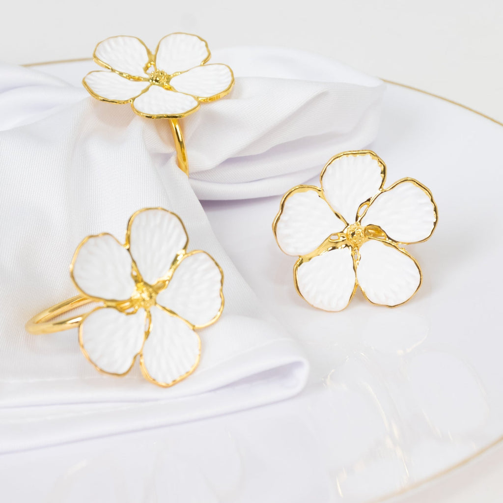 4 Pack White and Gold Metal Flower Napkin Rings, Floral Serviette Buckle Napkin Holder Set - Plum Blossom Design - Bell Racket Store