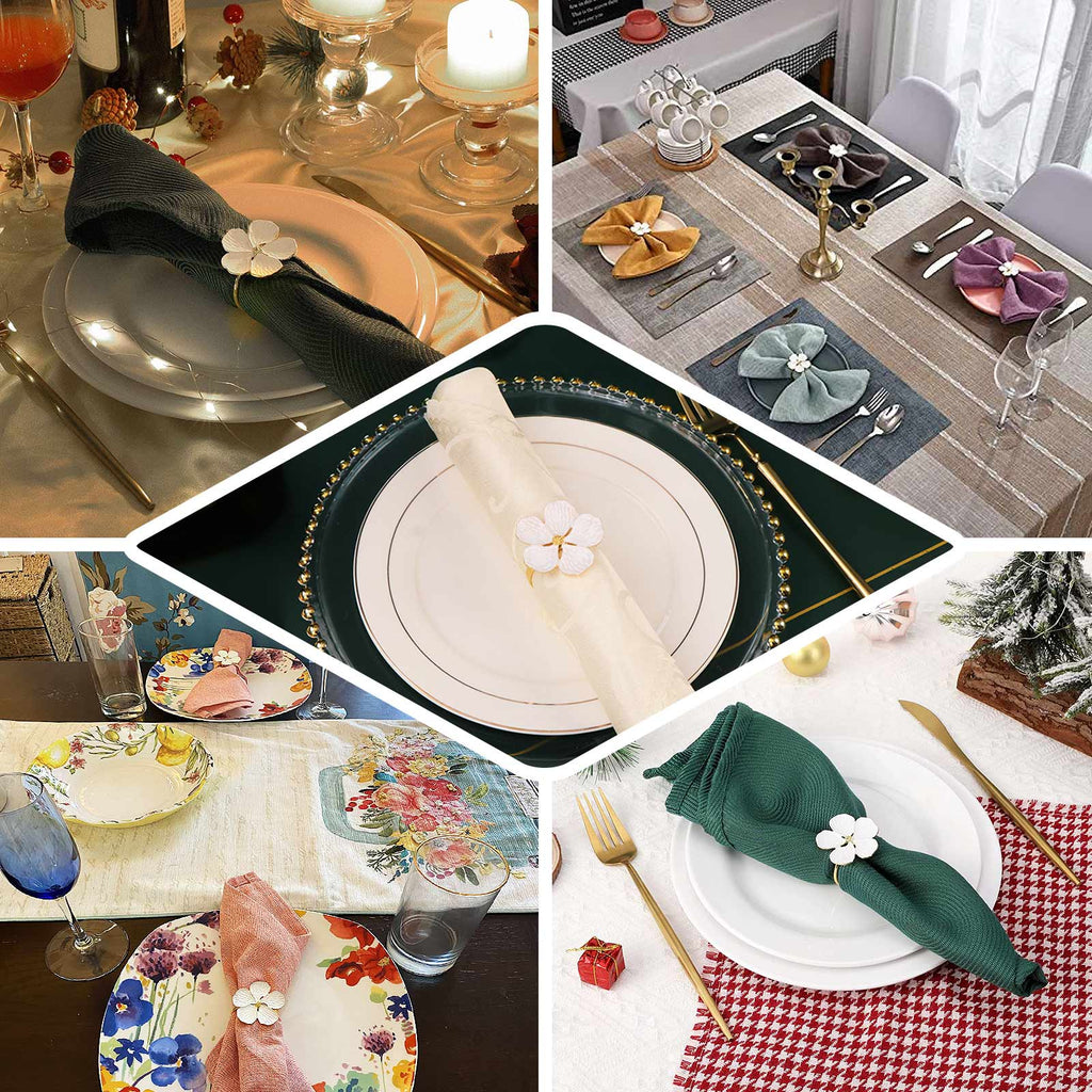 4 Pack White and Gold Metal Flower Napkin Rings, Floral Serviette Buckle Napkin Holder Set - Plum Blossom Design - Bell Racket Store