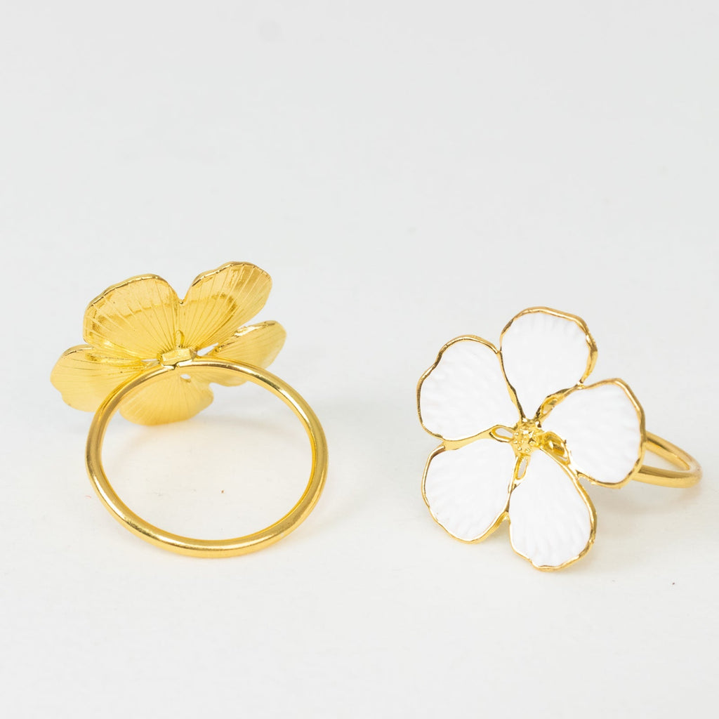 4 Pack White and Gold Metal Flower Napkin Rings, Floral Serviette Buckle Napkin Holder Set - Plum Blossom Design - Bell Racket Store