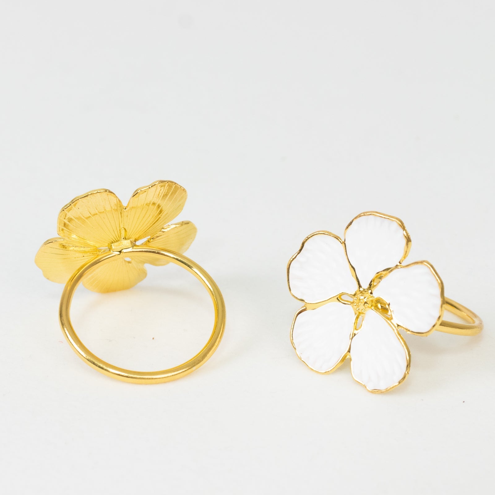 4 Pack White and Gold Metal Flower Napkin Rings, Floral Serviette Buckle Napkin Holder Set - Plum Blossom Design - Bell Racket Store