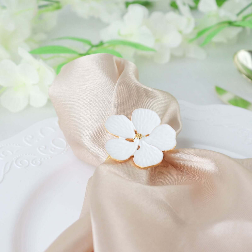 4 Pack White and Gold Metal Flower Napkin Rings, Floral Serviette Buckle Napkin Holder Set - Plum Blossom Design - Bell Racket Store