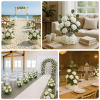 4 - Pack White Artificial Flower Arrangements â€“ 20" Roses, Hydrangeas & Eucalyptus, Free - Standing with Foam Base for Wedding Aisle DÃ©cor - Bell Racket Store