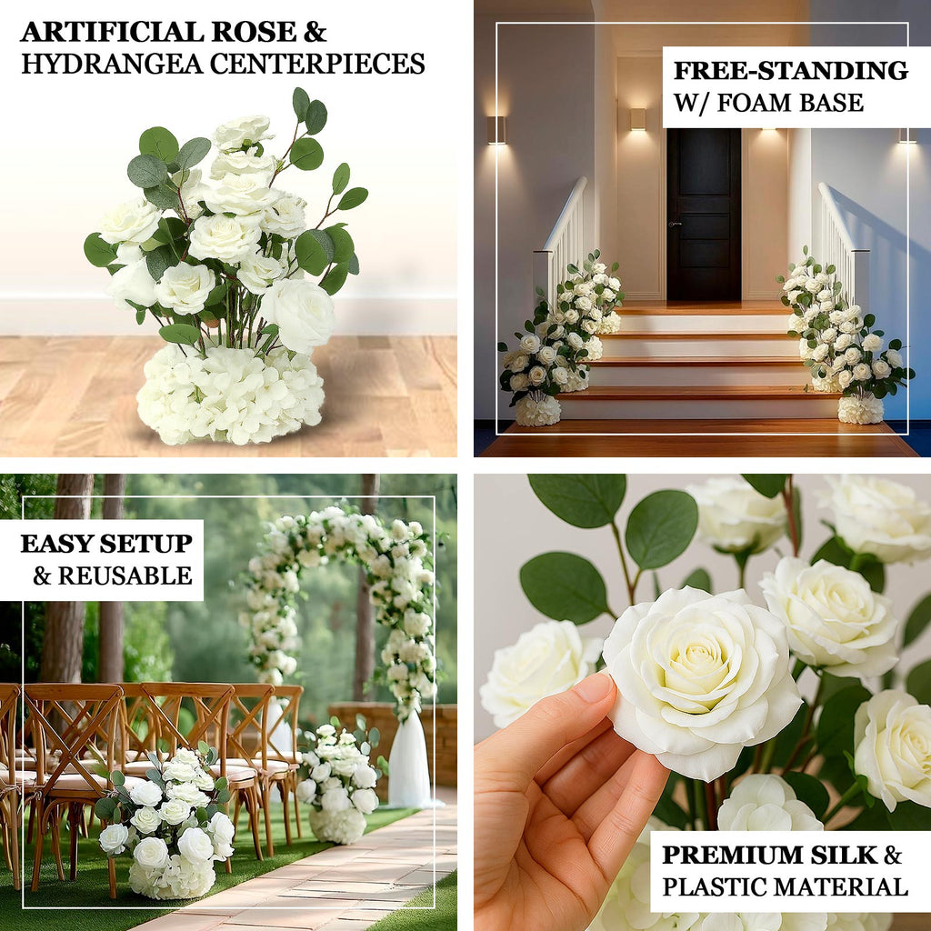 4 - Pack White Artificial Flower Arrangements â€“ 20" Roses, Hydrangeas & Eucalyptus, Free - Standing with Foam Base for Wedding Aisle DÃ©cor - Bell Racket Store
