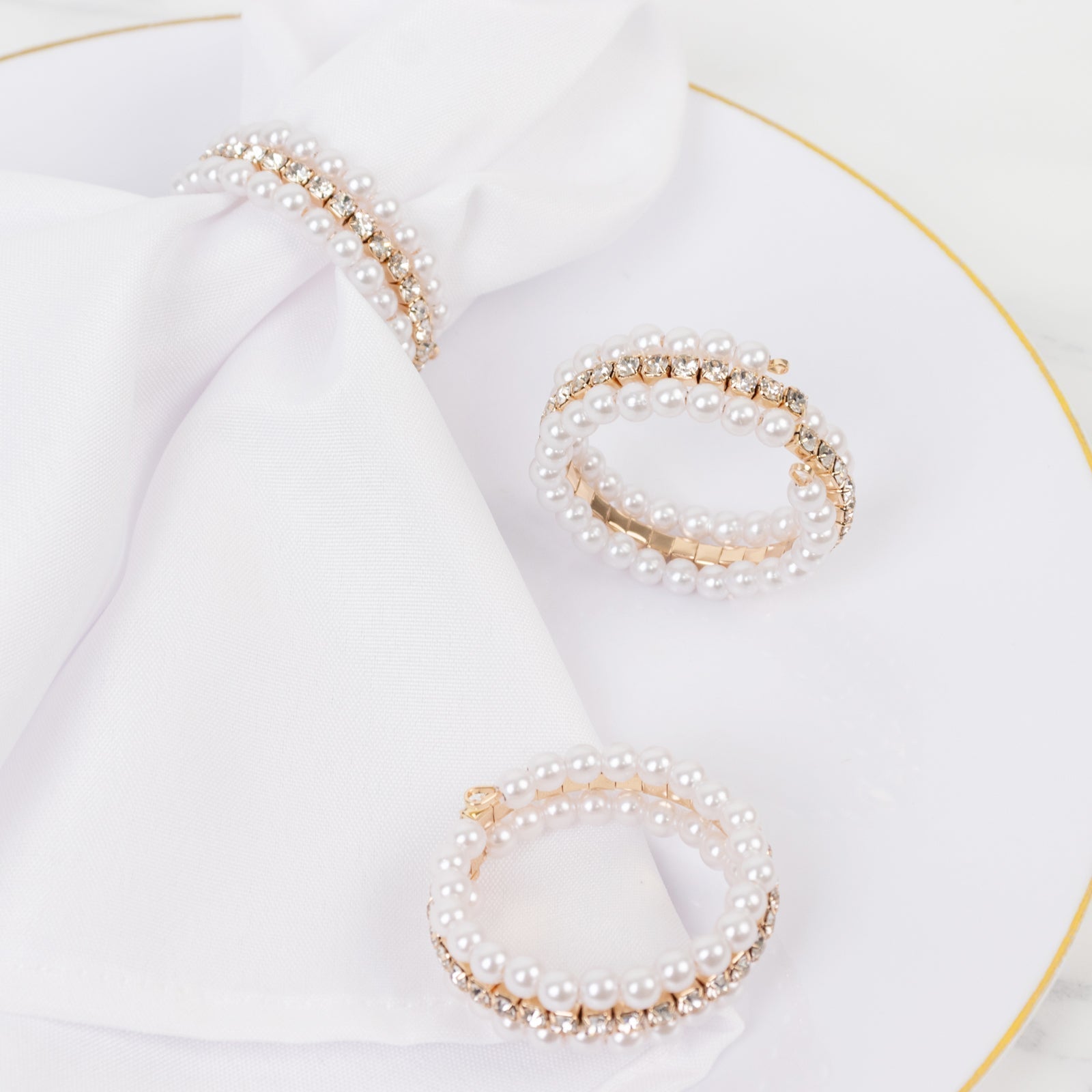 4 - Pack White Pearl Rhinestone Napkin Holders, Elegant Round Napkin Rings - 2" - Bell Racket Store