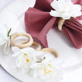 4 Pack White Silk Jasmine Flower Napkin Rings with Wooden Holder, Rustic Boho Serviette Buckles with Artificial Flowers - Bell Racket Store