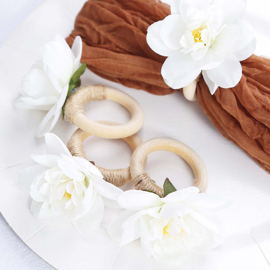 4 Pack White Silk Jasmine Flower Napkin Rings with Wooden Holder, Rustic Boho Serviette Buckles with Artificial Flowers - Bell Racket Store