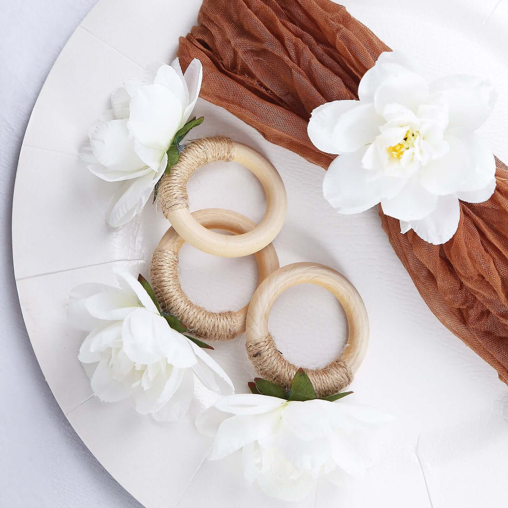 4 Pack White Silk Jasmine Flower Napkin Rings with Wooden Holder, Rustic Boho Serviette Buckles with Artificial Flowers - Bell Racket Store
