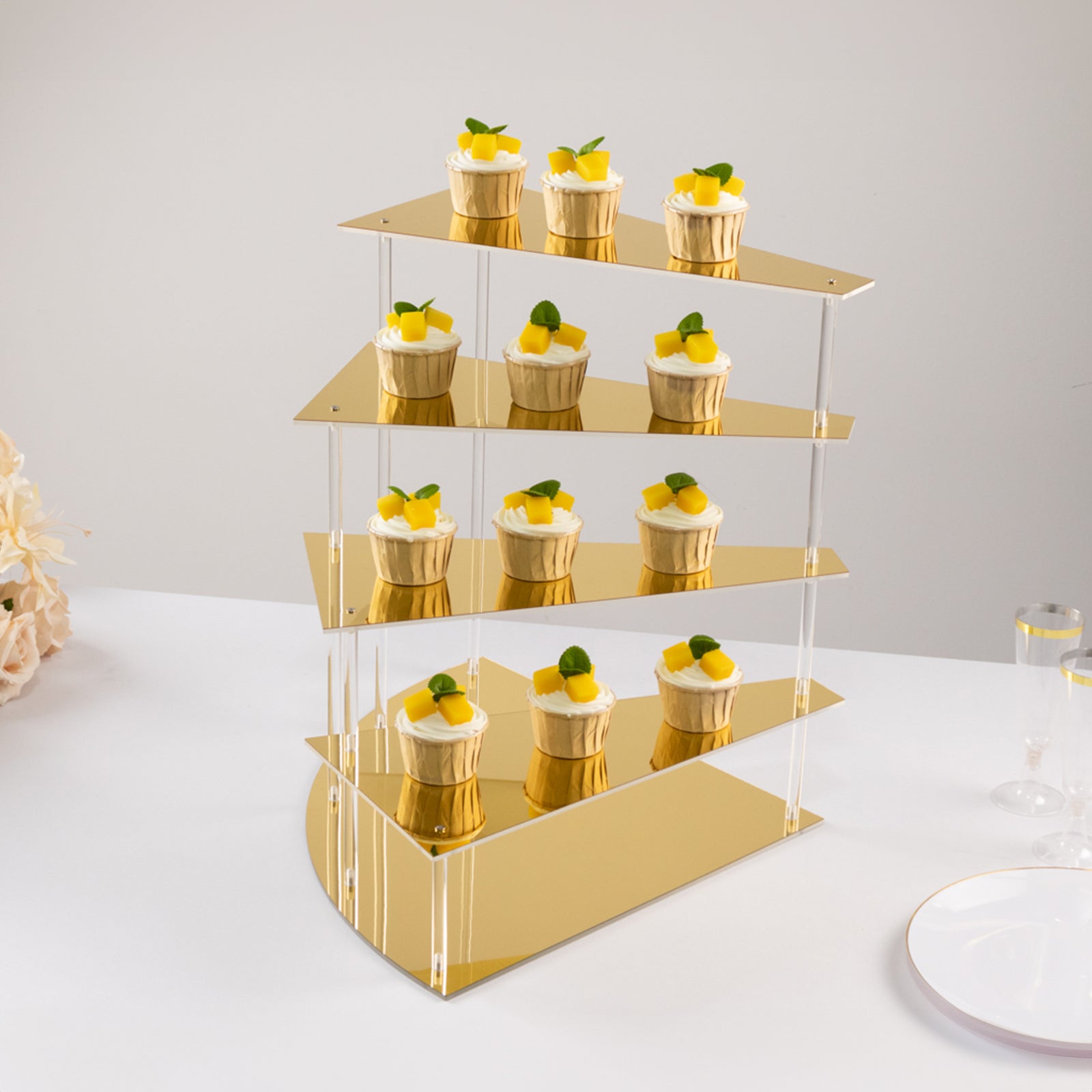 4 - Tier Acrylic Cupcake Display Stand Gold Spiral Stairway Design - Stylish Reusable Multi Level Serving Tray Organizer Shelf Riser for Dessert Perfume Retail Jewelry & Collectibles 17" - Bell Racket Store