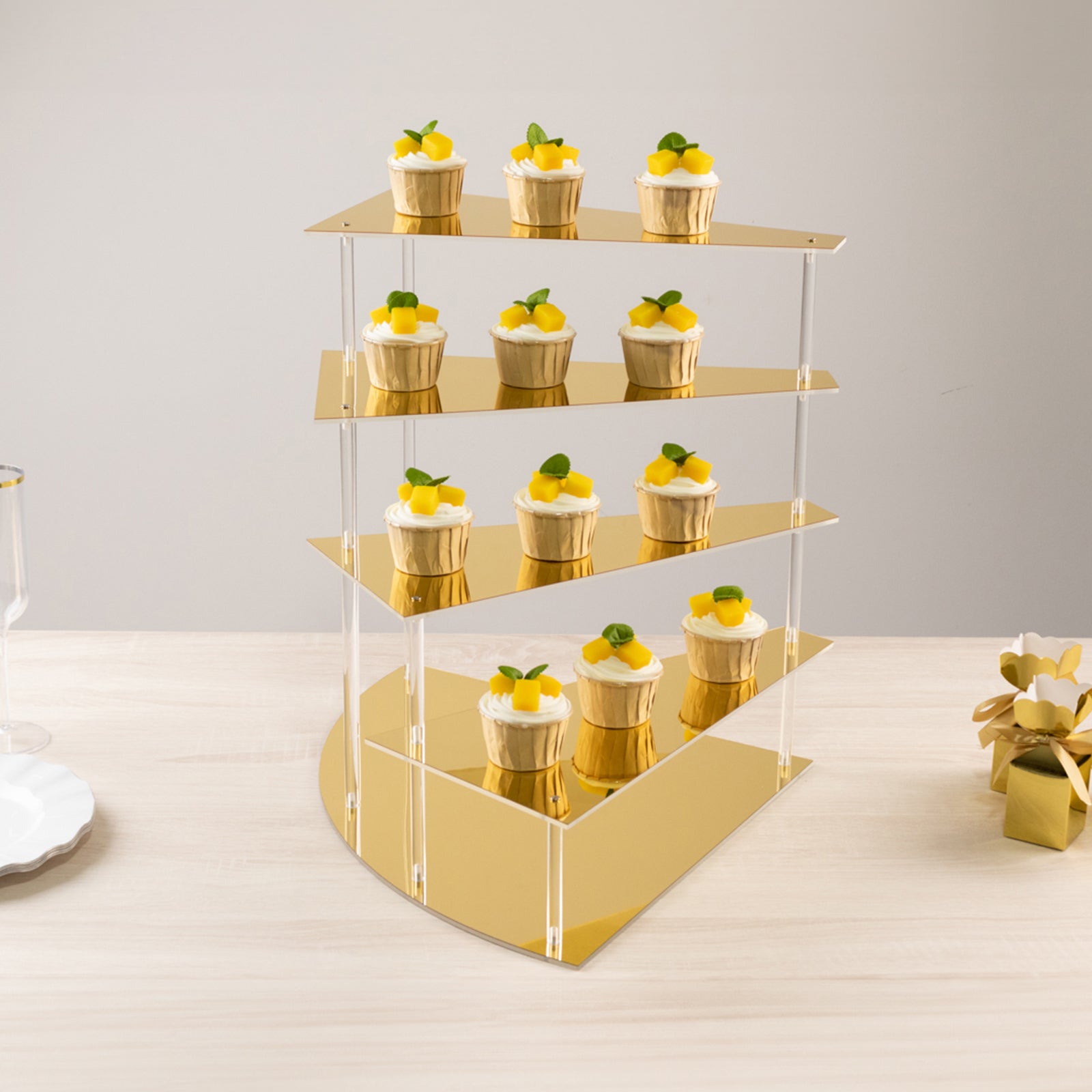 4 - Tier Acrylic Cupcake Display Stand Gold Spiral Stairway Design - Stylish Reusable Multi Level Serving Tray Organizer Shelf Riser for Dessert Perfume Retail Jewelry & Collectibles 17" - Bell Racket Store