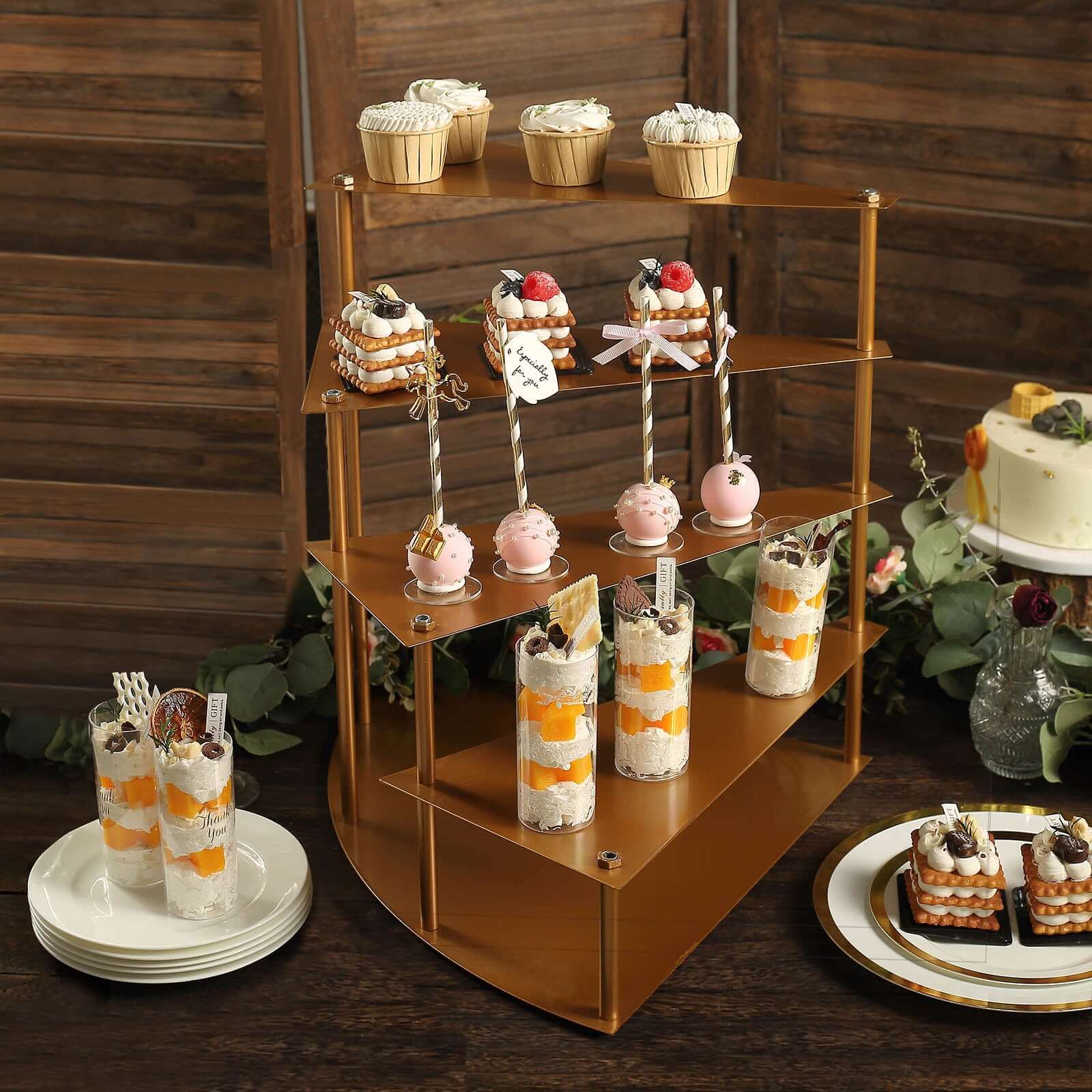 4 - Tier Metal Spiral Stairway Cupcake Display Stand Gold - Dessert Cake Step Pedestal Tray 17" - Bell Racket Store