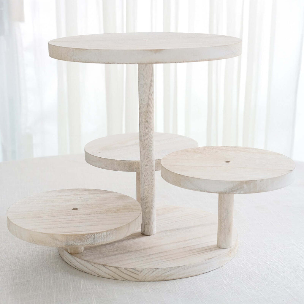 4 - Tier Wooden Cake Stand Whitewash with Round Tiered Trays - Rustic Cupcake Tower Dessert Display 14" Tall - Bell Racket Store