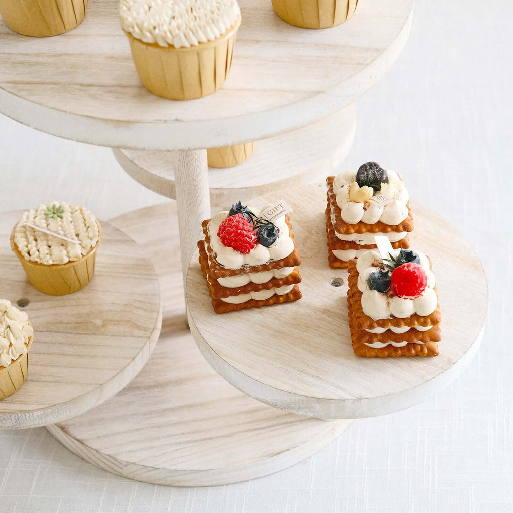 4 - Tier Wooden Cake Stand Whitewash with Round Tiered Trays - Rustic Cupcake Tower Dessert Display 14" Tall - Bell Racket Store