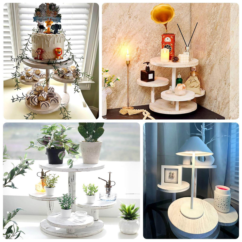 4 - Tier Wooden Cake Stand Whitewash with Round Tiered Trays - Rustic Cupcake Tower Dessert Display 14" Tall - Bell Racket Store