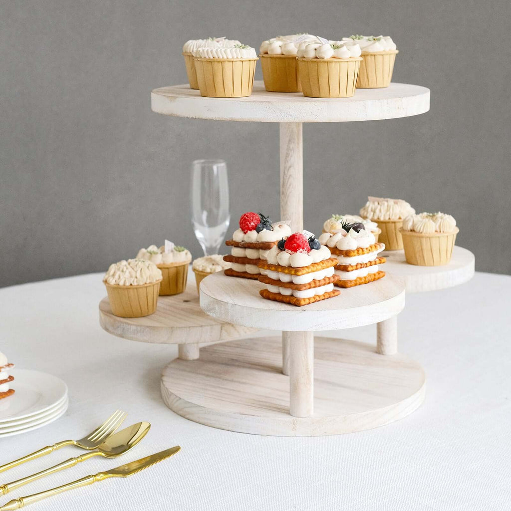 4 - Tier Wooden Cake Stand Whitewash with Round Tiered Trays - Rustic Cupcake Tower Dessert Display 14" Tall - Bell Racket Store