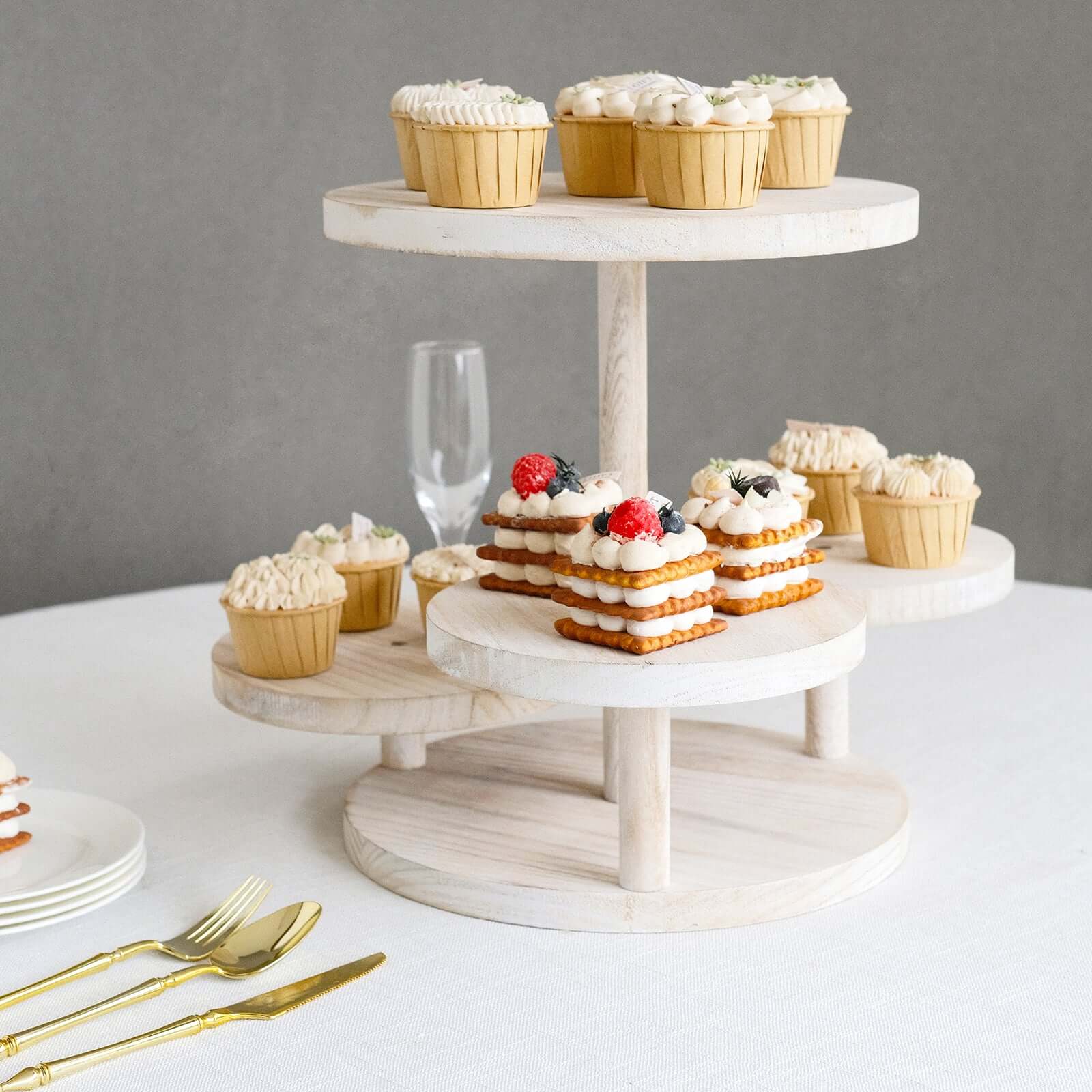 4 - Tier Wooden Cake Stand Whitewash with Round Tiered Trays - Rustic Cupcake Tower Dessert Display 14" Tall - Bell Racket Store