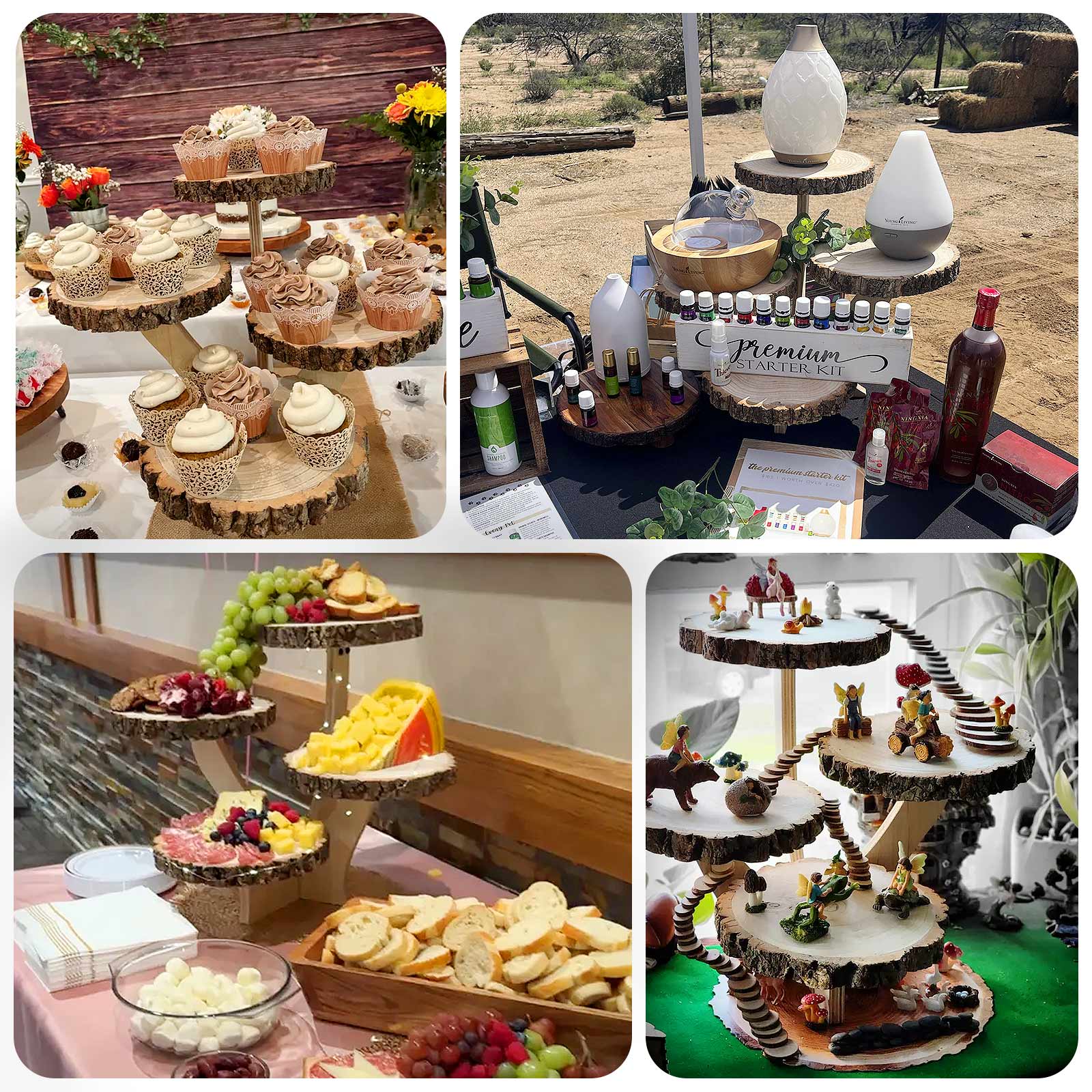 4 - Tier Wooden Cupcake Stand Farmhouse Style Natural Wood Slice Design - Rustic Dessert Display Cake Holder 15" Tall - Bell Racket Store