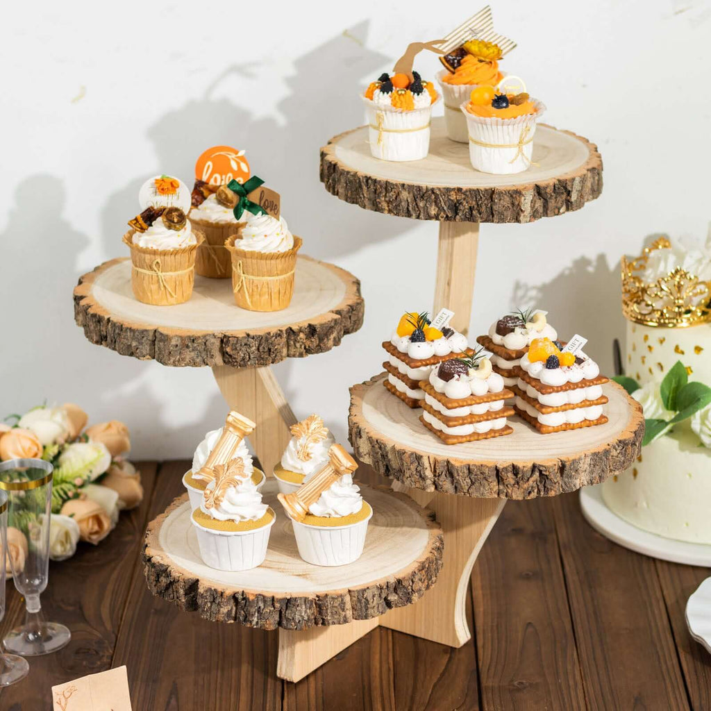 4 - Tier Wooden Cupcake Stand Farmhouse Style Natural Wood Slice Design - Rustic Dessert Display Cake Holder 15" Tall - Bell Racket Store