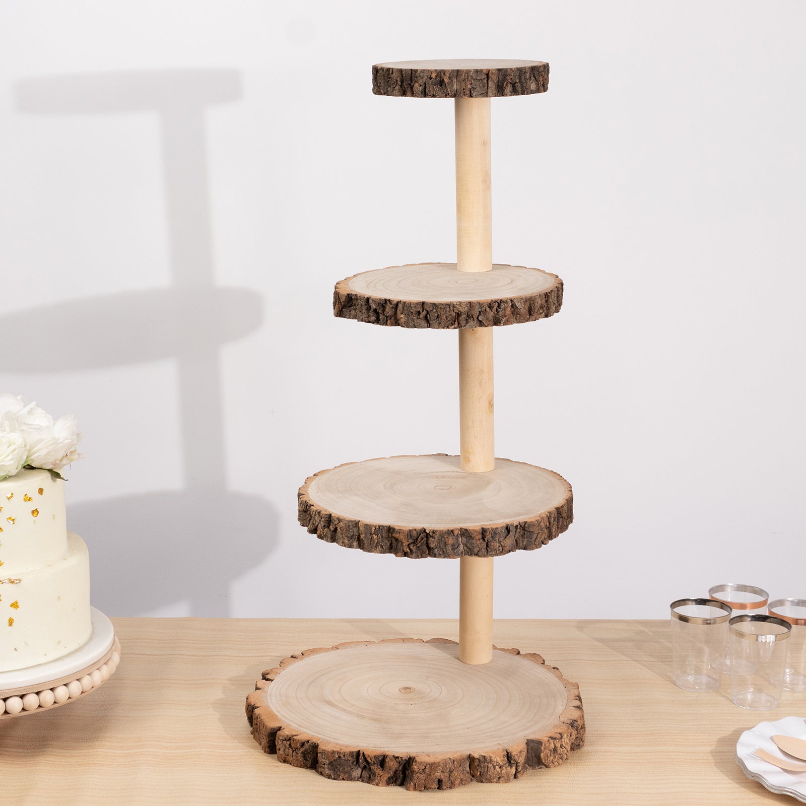 4 - Tier Wooden Cupcake Tower Stand Rustic Natural Wood Slice Design - Farmhouse Style Dessert Display 29" - Bell Racket Store