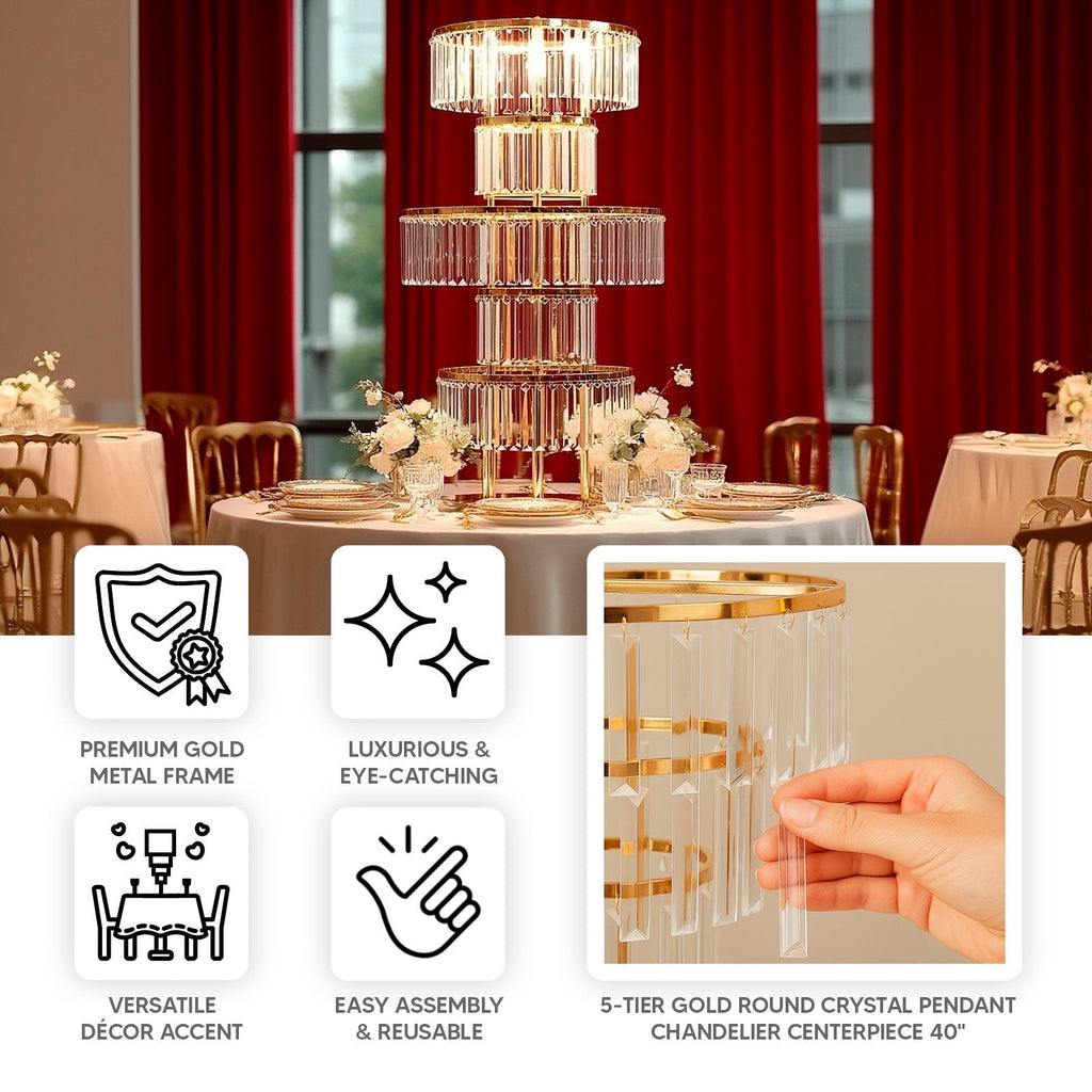 40" Crystal Pendant Table Centerpiece in 5 - Tier Gold, Round Flower Stand Metal Vase Chandelier with Hanging Crystals - Bell Racket Store