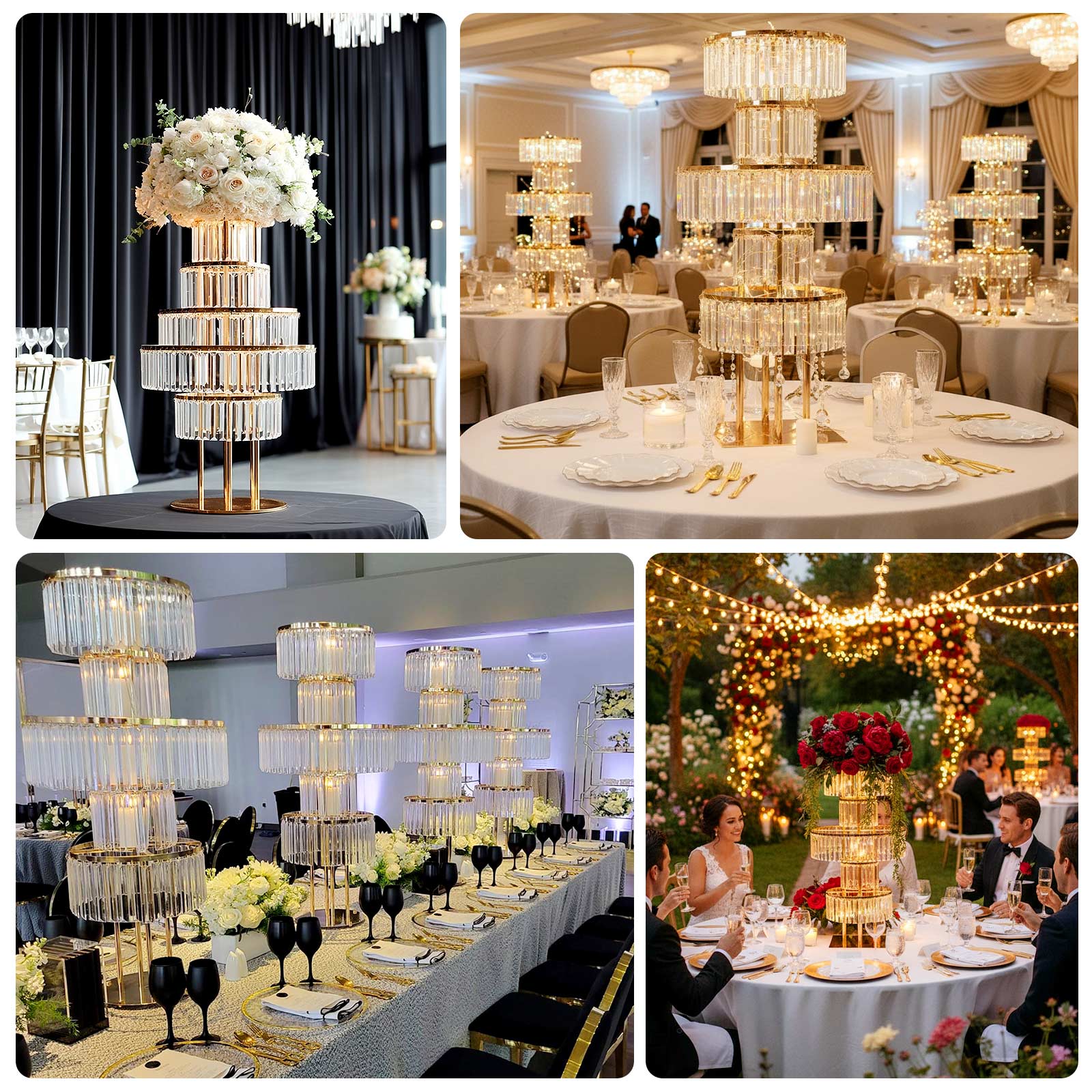 40" Crystal Pendant Table Centerpiece in 5 - Tier Gold, Round Flower Stand Metal Vase Chandelier with Hanging Crystals - Bell Racket Store