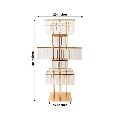40" Crystal Pendant Table Centerpiece in 5 - Tier Gold, Square Flower Stand Metal Vase Chandelier with Hanging Crystals - Bell Racket Store