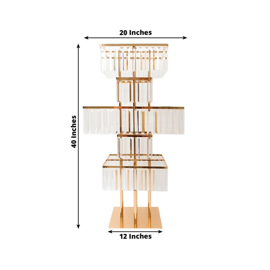40" Crystal Pendant Table Centerpiece in 5 - Tier Gold, Square Flower Stand Metal Vase Chandelier with Hanging Crystals - Bell Racket Store