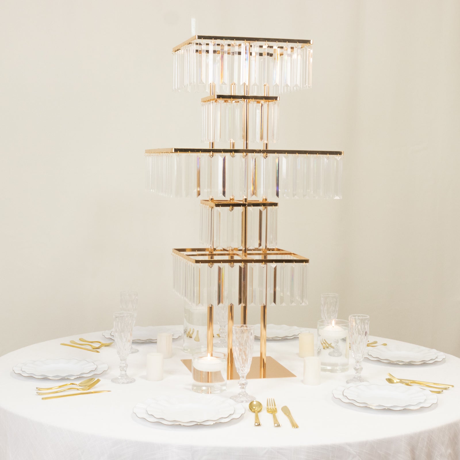40" Crystal Pendant Table Centerpiece in 5 - Tier Gold, Square Flower Stand Metal Vase Chandelier with Hanging Crystals - Bell Racket Store