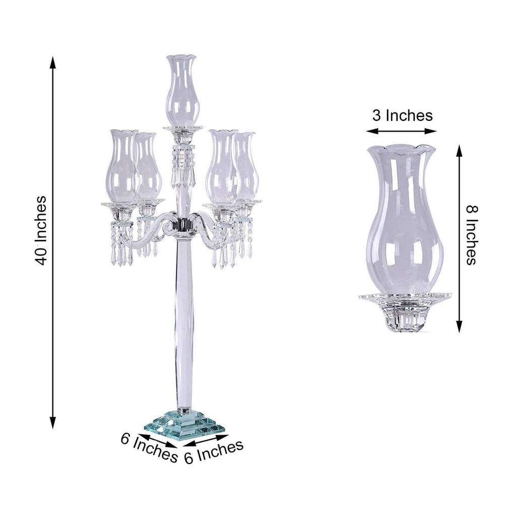 5 Arm Crystal Glass Taper Candle Holder Candelabra, Luxurious Table Centerpiece With Chandelier Chains 40"